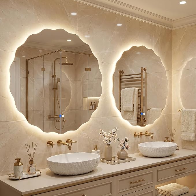 Round Led Bathroom Mirror- 24" Wavy Vanity Mirror with Lights IP54 Enhanced Anti-Fog,Single Piece 3 Colors Dimmable, Memory,Tempered Glass,UL Listed