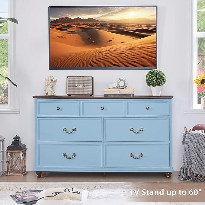 Farmhouse 7 Drawers Dresser Sets of 2 for Bedroom, Light Blue 54 Inch Wide Chest of Drawers w/ 4 Wooden Legs, Large Vintage Rustic Closet Dressers for Living Room, Wood TV Stand