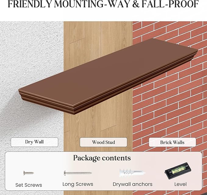Fun Memories Floating Shelves 32 Inch Long, 9.3 Inch Deep Classic Crown Molding Floating Shelves for Wall, Rustic Wooden Shelves for Wall Decor Bathroom, Kitchen, Office, (Walnut, 2Pack)