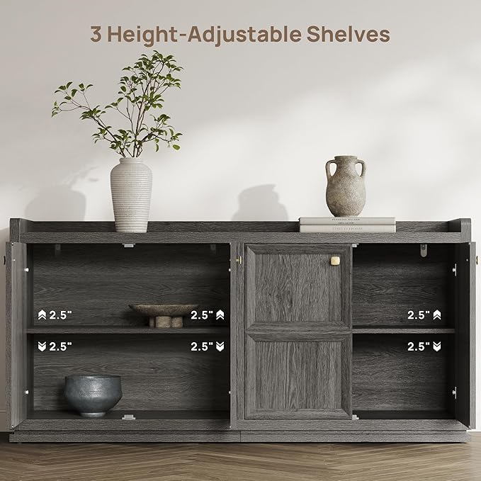 SICOTAS 4-Door Buffet Cabinet - Large Sideboard with Storage & Adjustable Shelves, Modern Credenza Accent Coffee Bar Console Table for Living Room, Kitchen, Entryway, Hallway, Dark Gray Oak, 2 PCS