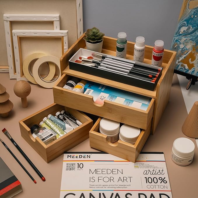 MEEDEN Bamboo Desk Organizer with Drawers: Desktop Storage Container with Shelf - Tabletop Storage Organization Box for Office Home Toiletries Supplies