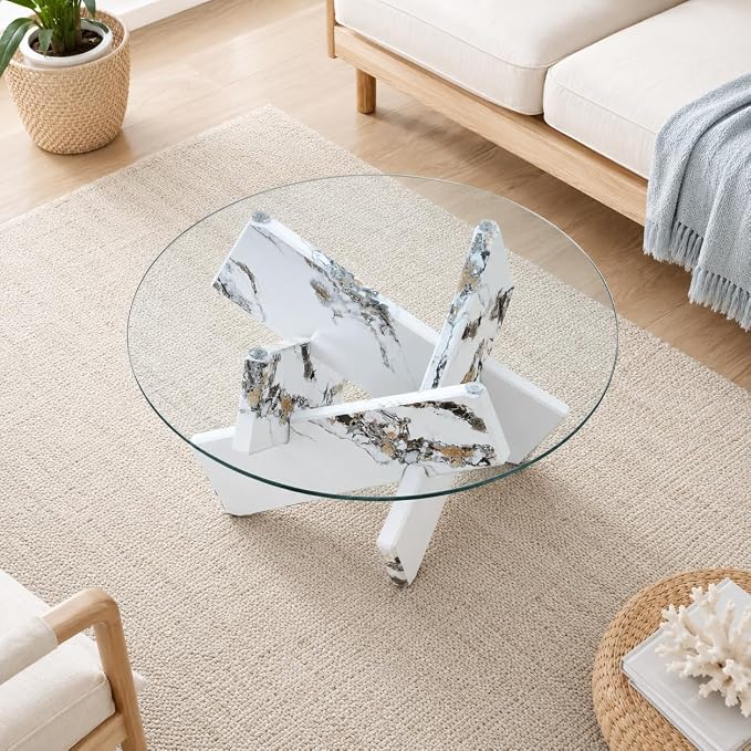 Round Glass Top Coffee Tables for Living Room, 33.4 Inch White Center Table, Mid Century Circle Cocktail Table with Marble-Looking Crossed Legs