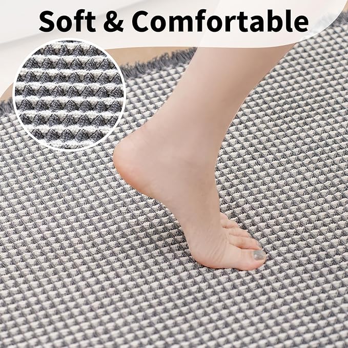 Waffle Bath Mat - Boho Bathroom Rugs Non Slip Washable, Super Absorbent & Quick Dry, Soft Bath Mat Farmhouse Bathroom Decor, 20'' x 32'', Dark Grey and White