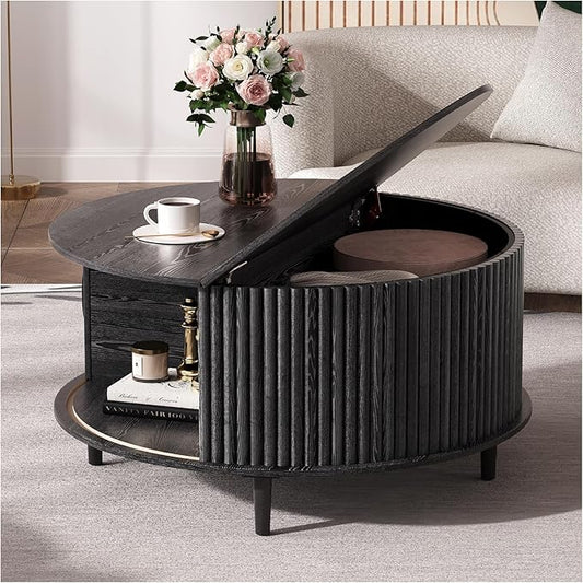 Black Round Coffee Table with Storage, 31.5" Fluted Center Table with Sliding Door, Modern Circle Drum Accent Table for Living Room, Sleek Wood Furniture for Small Spaces & Apartments