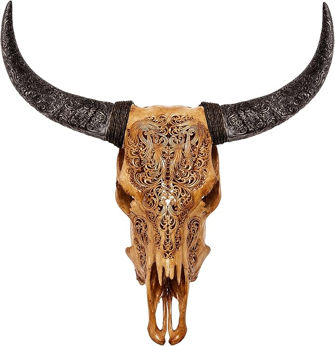 Skull Bliss - Hand-Carved Real Authentic Taxidermy Cow Skull/Bull Skull Wall Decor with Horns/Real Animal Cow Skull Wall Decor (Hand-Carved Horns)