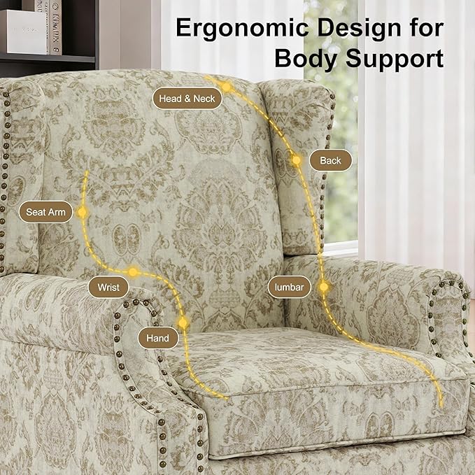 Wingback Chair, High Back Floral Accent Chair in Fabric, Comfy Upholstered Armchair with Nailhead Trim for Living Room, Single Sofa Reading Chair for Small Spaces, Bedroom-White
