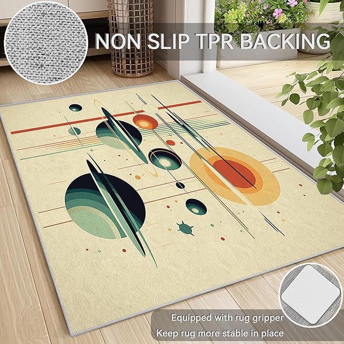 Mid Century Rugs for Living Room 8x8, 50s Retro Futurism Geometric Abstract Modern Pattern Design Area Rug, Mid Century Bedroom Decor Carpet, Non Slip, Washable (RG502)