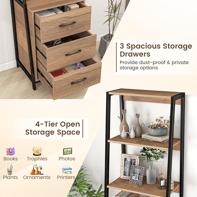 Giantex Ladder Bookshelf with Drawers, 69" Tall Wooden Bookcase with 4 Shelves, Modern Book Shelf Storage Organizer Unit, Freestanding Display Shelving Rack for Living Room, Bedroom (Brown)