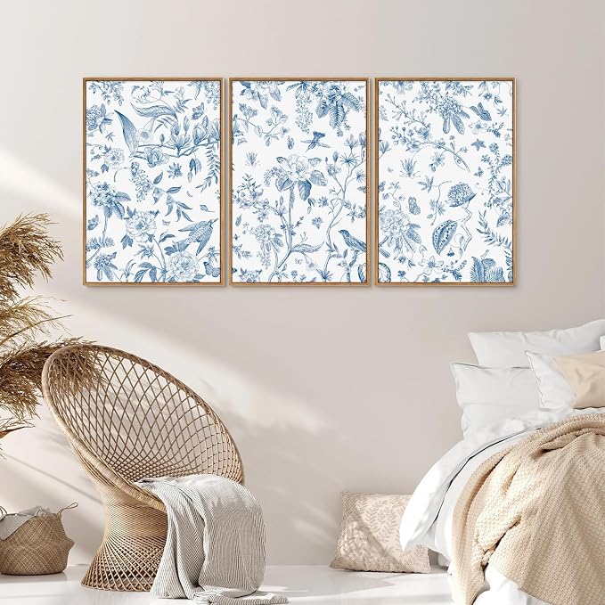 KaiWithYuan Large Navy Blue and White Floral Framed Canvas Wall Art, Classic Chinoiserie Peony Flower Wall Decor, Indigo Birds Art Paintings, Botanical Artwork for Living Room Bedroom Office 16"x24"x3