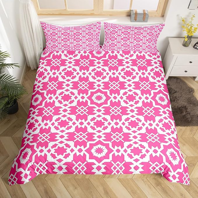 Erosebridal Pink Geometric Floral Duvet Cover Toddler for Kids Boys Girls,Elegant Retro Floral Comforter Cover,Abstract Flower Art Bedding Set,Modern Aesthetic Bed Set with 1 Pillowcase Bedroom Decor