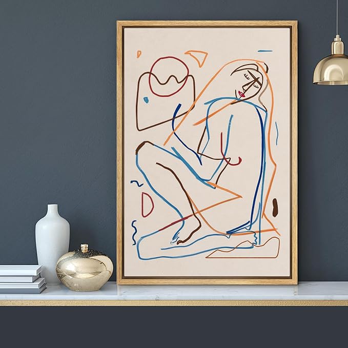 MUDECOR Framed Canvas Print Wall Art Minimalist Modern Abstract Line Drawing of a Reclining Woman Illustrations Modern Art Minimal Relax for Living Room, Bedroom, Office - 16"x24" Natural