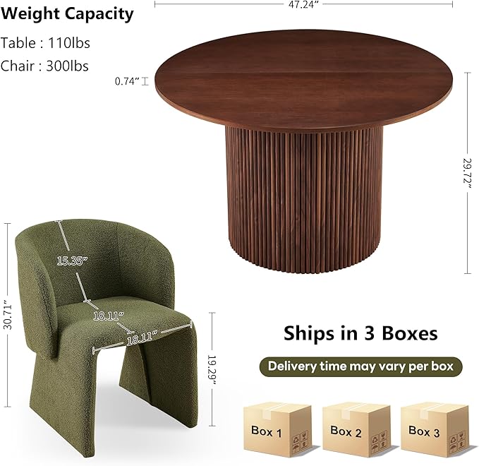 NORDICANA 3-Piece Round Dining Table Set for 2, Rustic 47-Inch Kitchen Table and Chair Set, Dining Set with Dark Green Upholstered Armchairs, Manufactured Wood Top with Walnut Veneer