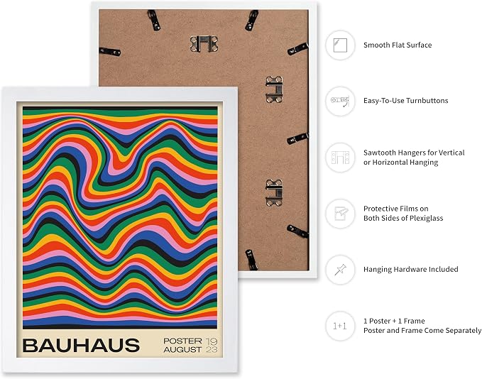Poster Master Bauhaus Poster - Psychedelic Waves Print - Abstract ART - Rainbow ART - Groovy Style - Chic Boho - Mid Century Modern - Living Room or Bedroom Wall Decor - 8x10 White Framed
