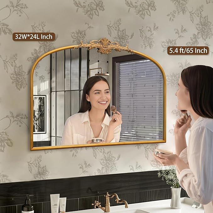 Besdomus Antique Arched Gold Mirror: 32"x24" Large Gleaming Gold Antique Wall Mounted Mirror - Baroque Traditional Ornate for Fireplace/Bathroom/Bedroom - Wall Decor for Homemakers