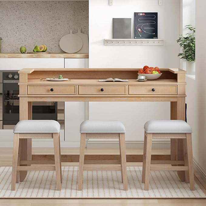 P PURLOVE 4 Piece Dining Bar Table Set with 3 Stools, Multifunctional, Industrial Style, USB Port, Space Saving, Solid Wood, Easy Assembly