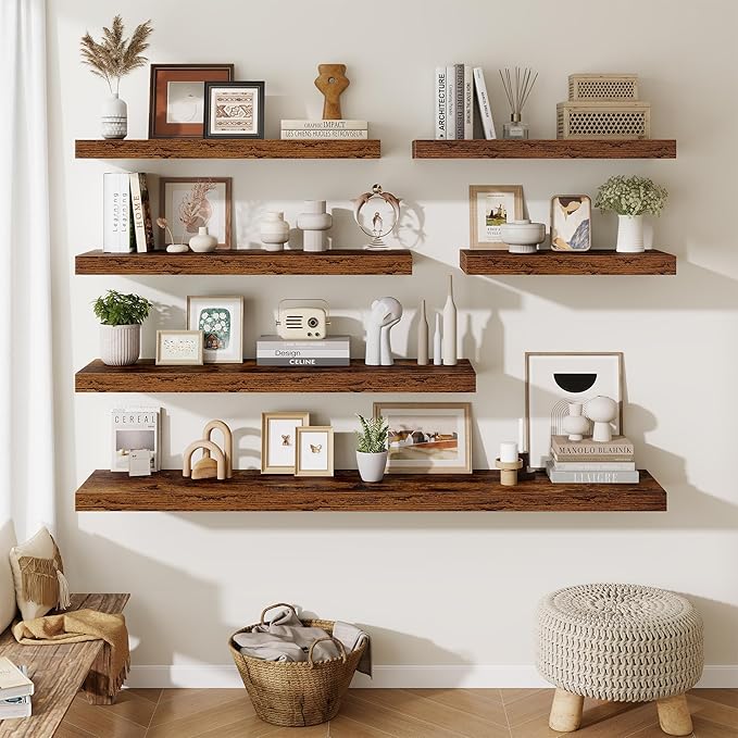 48 Inch Floating Shelves for Wall - 12 Inch Deep Fireplace Mantel Shelf - Wood Floating Shelf for Wall - Large Storage Shelves Wall Mount for Living Room & Bedroom - Rustic Brown - Set of 2