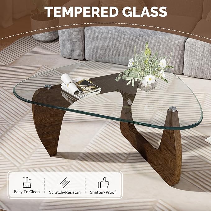 Modern Glass Coffee Table, Triangle Center Table with Tempered Glass Top& Unique Wooden Base, 42.5” Mid Century Tea Tables for Living Room, Apartment, Office,Walnut &Transparent