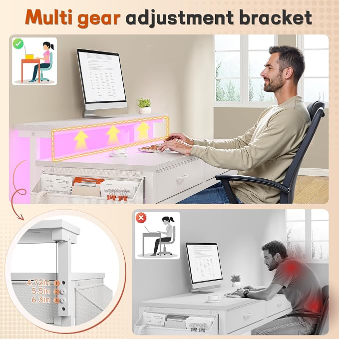 DurayLoly Computer Desk with 2 Drawers & LED Lights,39.4 Inch Home Office Desks with Side Pocket and Monitor Stand,Study Writing Table for Small Spaces,White