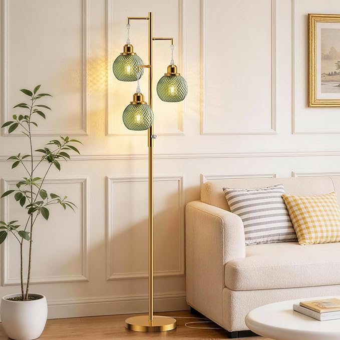 QiMH Modern Floor Lamps for Living Room, Standing Lamp with 3 Lights, 68" Tall Lamp for Bedroom, Green Vintage Glass Lamp with Stepless Dimmable for Home Decor, 3 LED Bulb Included, Brushed Gold