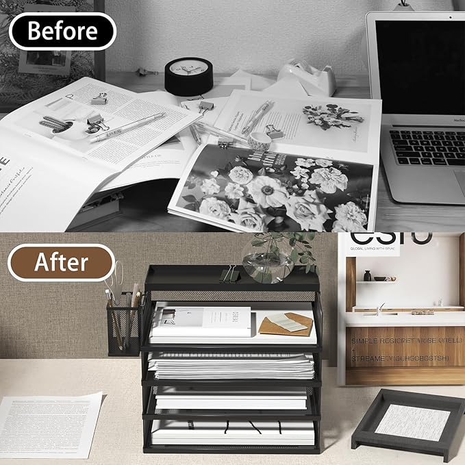 Metal Stackable Letter Trays, 4-Tier Desk Organizer & Paper Trays for Office, Stackable File & Document Tray with Magnetic Labels,Black