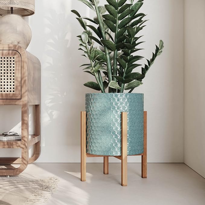 EverNest Mid-Century Modern Rhys Honeycomb Embossed Planter Pot with Kinsley Wood Stand, Metal Indoor Plant Pots, Blue Green Bohemian Style (Large 3 Gallon)
