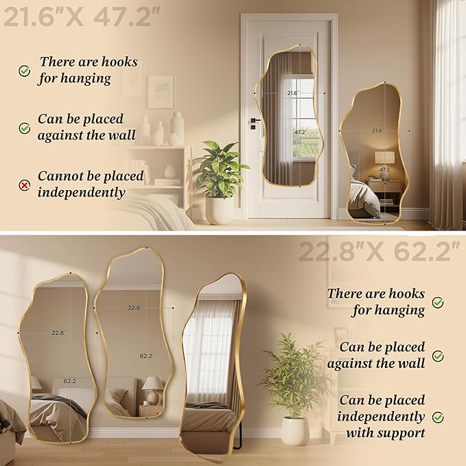 Mirror Full Length - Irregular Full Body Mirror Standing or Leaning or Wall Hanging 62.2"x 22.8" Asymmetrical Aviation Aluminum Alloy Frame Unique for Bedroom, Living Room, Cloakroom, Entryway
