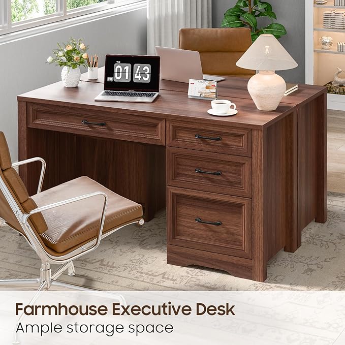 Vabches Farmhouse Executive Desk with Storage and Ample File Drawer, Rustic Large Home Writing Desk for Bedroom, Walnut