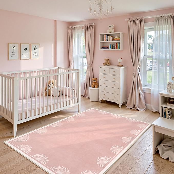 Hedlive Modern 3x5 Pink Rugs for Bedroom Girls,Ultra Thin Nursery Rug for Girls Room, Sun Printed Non Slip Washable Area Rug,Soft Non Shedding Throw Carpet for Playroom Classroom(3'x5',Pink)