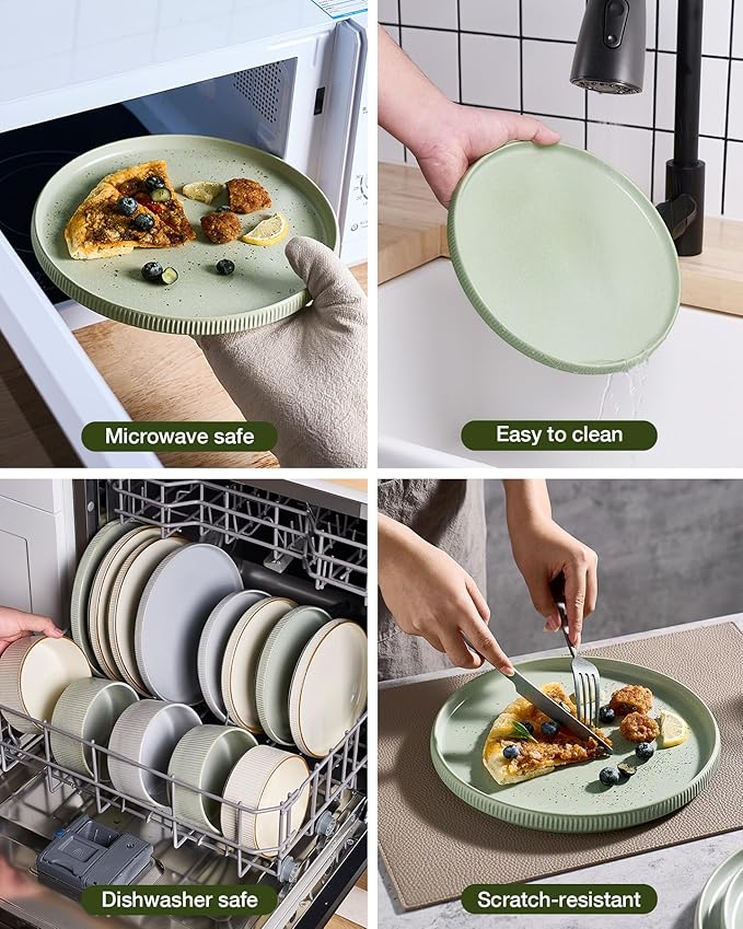 Famiware Star Dinnerware Set, Plates and Bowls Sets for 4 (12pcs), Ribbed Stoneware Dishes - Chip & Scratch Resistant, Microwave & Dishwasher Safe, Matte Sage Green