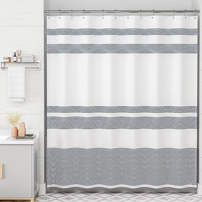 AmazerBath Striped Blue Shower Curtain, Cute Blue Stripe Bathroom Shower Curtain with 12 Shower Curtain Hooks, Rustic Fabric Blue and White, 72x72 Inches