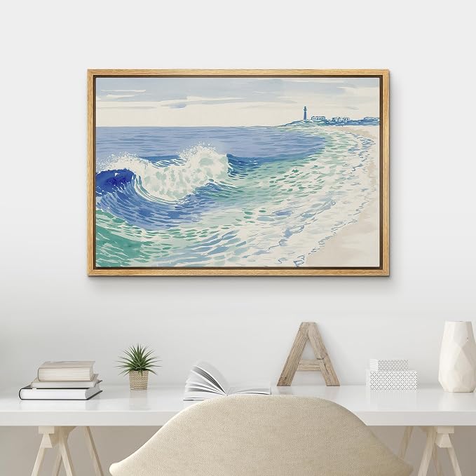 MUDECOR Framed Canvas Print Wall Art Coastal Wave Illustration with Lighthouse Nautical Illustrations Minimalism Decorative Bohemian Colorful Zen for Living Room, Bedroom, Office - 16"x24" NATURAL