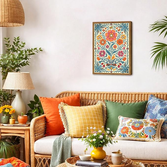 Framed Vintage Mexican Floral Canvas Wall Art, Colorful Folk Flower Wall Decor Pictures, Boho Botanical Painting Prints Rustic Home Decor for Living Room Bedroom 12x16 inch
