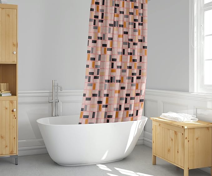 Pink MidMod Shower Curtain – 72x72 Mid Century Modern Bathroom Curtain with Abstract Square Pattern, Retro Colorful Fabric Design for Apartments, Guest Baths, or Dorms