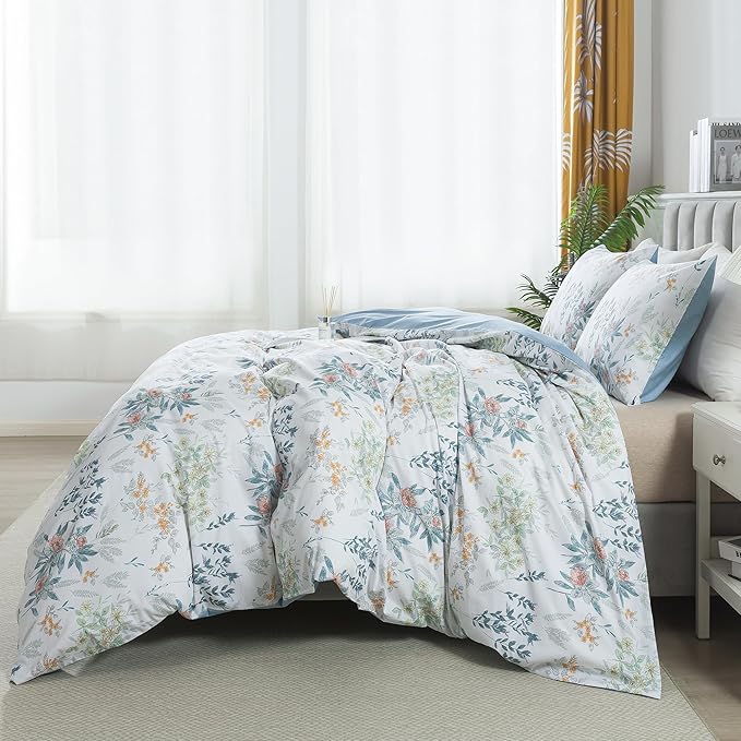 HoneiLife Floral Duvet Cover King - 100% Cotton Comforter Cover, Wildflower Bedlinen Set with Zipper Closure & Corner Ties, Botanical Comforter Cover Sets 3-pcs