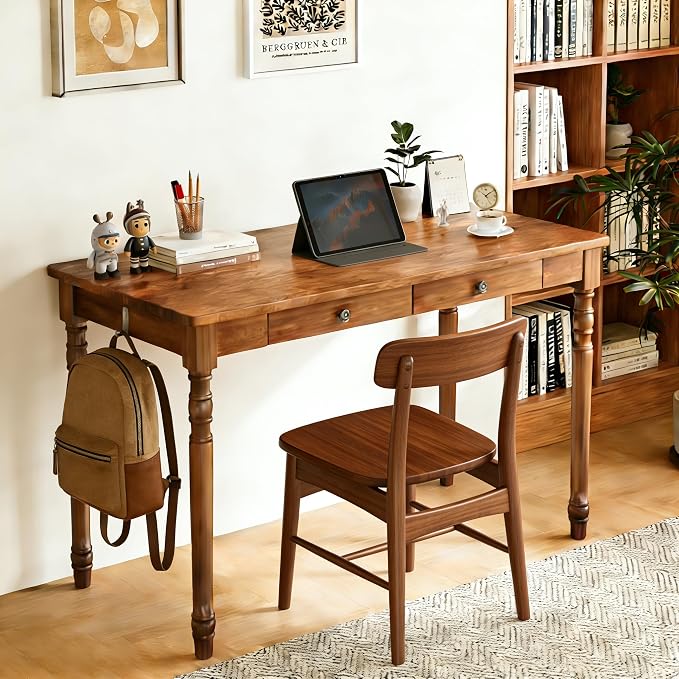 100% Solid Wooden Desk with Drawers - 47.2” Mid Century Modern Desk with 2 Hooks, Vintage Writing Desk with Drawers, Simple Work Study Table for Bedroom & Home Office - Walnut Color