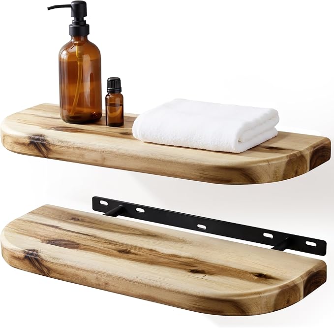 BATODA 17" Acacia Wood Floating Shelves Wall Mounted (Round Edge) – Rustic Farmhouse Wooden Wall Storage Shelf for Bedroom, Kitchen - Brackets and Shelving Hardware Included (Natural, 17 inches)