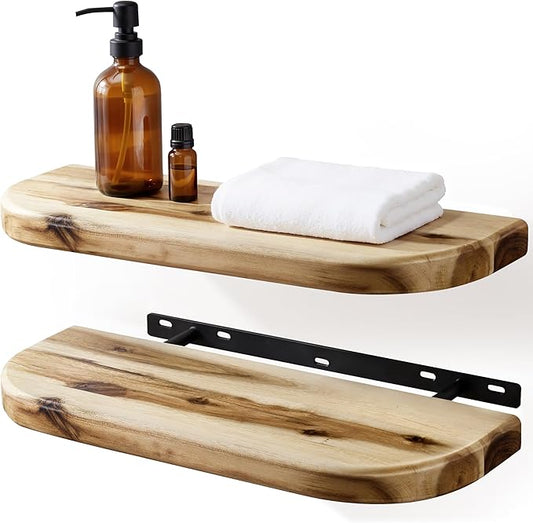 BATODA 17" Acacia Wood Floating Shelves Wall Mounted (Round Edge) – Rustic Farmhouse Wooden Wall Storage Shelf for Bedroom, Kitchen - Brackets and Shelving Hardware Included (Natural, 17 inches)