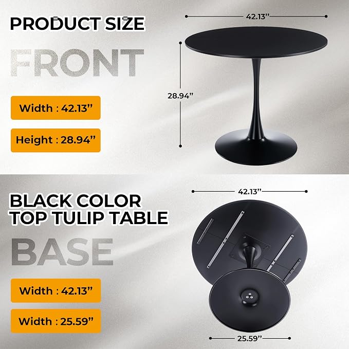 42" Round Black Tulip Dining Table for 4, Modern Pedestal Kitchen Table with Thickened Tabletop, Sturdy Tulip Shape Base, Round Dining Table for Dining Room, Living Room, Cafe