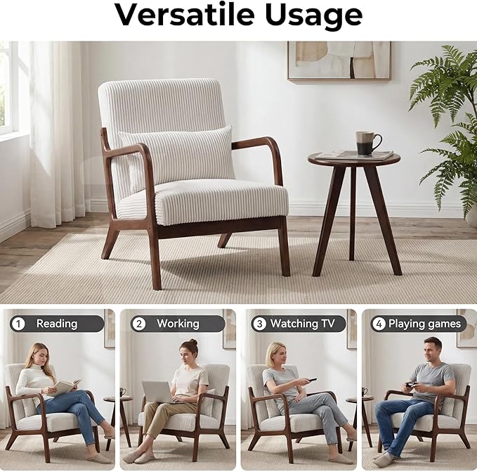 Mid Century Modern Accent Chair with Side Table, Upholstered Corduroy Armchair with Lumbar Pillow, Solid Rubberwood Frame for Living Room, Bedroom, Reading Nook, White/Walnut