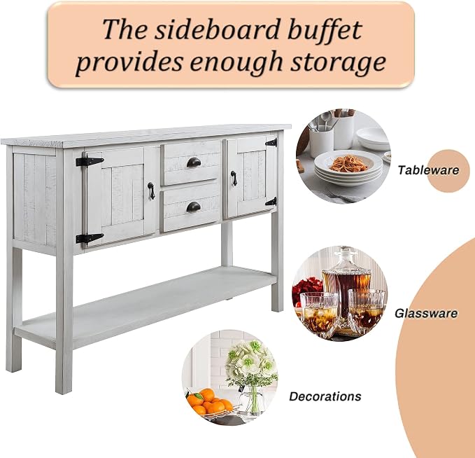 Merax Farmhouse Sideboard Buffet Kitchen Storage Cabinet with Drawers and Doors, Sideboard Storage Cabinet with Open Shelf for Living Room Kitchen Dining Room, Antique White…
