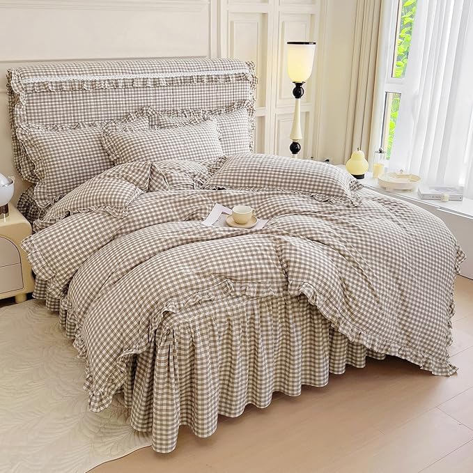 mixinni Tan Gingham Ruffle Duvet Cover Twin Size 3 Pieces – 100% Washed Cotton, Vintage Plaid Ruffled Bedding Set with Zipper Ties, Soft Cream Checkered Grid Farmhouse Chic Comforter Cover Set