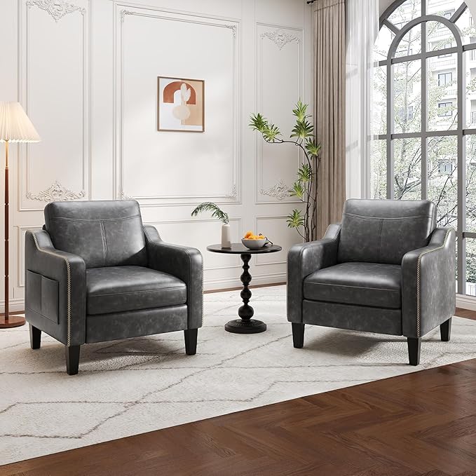 MALOL PU Leather Accent Chair, Mid-Century Modern Living Room Armchair Sofa with Removable Cushions, Solid Wood Frame & Stitched Armrest Design, Bedroom Chair with Plastic Legs, Black
