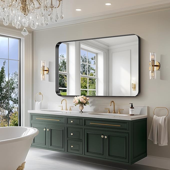 CIRCUMI Black Bathroom Mirror, 36"x55" Rectangular Mirror with Deep Metal Frame, Rounded Corner, Tempered Glass, Large Mirror for Wall, Over 2 Sinks, Installed Vertically/Horizontally, Crystal-Clear