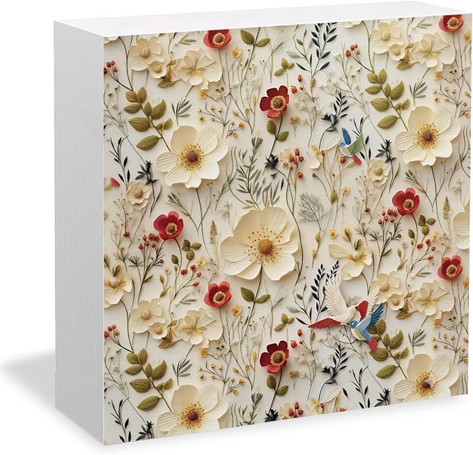 Spring Floral Bird 3D-Style Wooden Box Sign Desk Decor, Vintage Exquisite Rustic Wildflower Botanical Wood Signs for Home Living Room Office Desk Table Shelf Decorations, 5x5 Inch