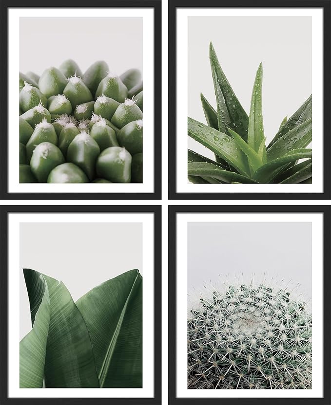 SIGNWIN Framed Tropical Island Wall Art, Set of 4 Green Desert Plant Cactus Snake Plant Wall Decor Prints, Nature Wilderness Wall Décor for Living Room, Bedroom - 12"x16" Black