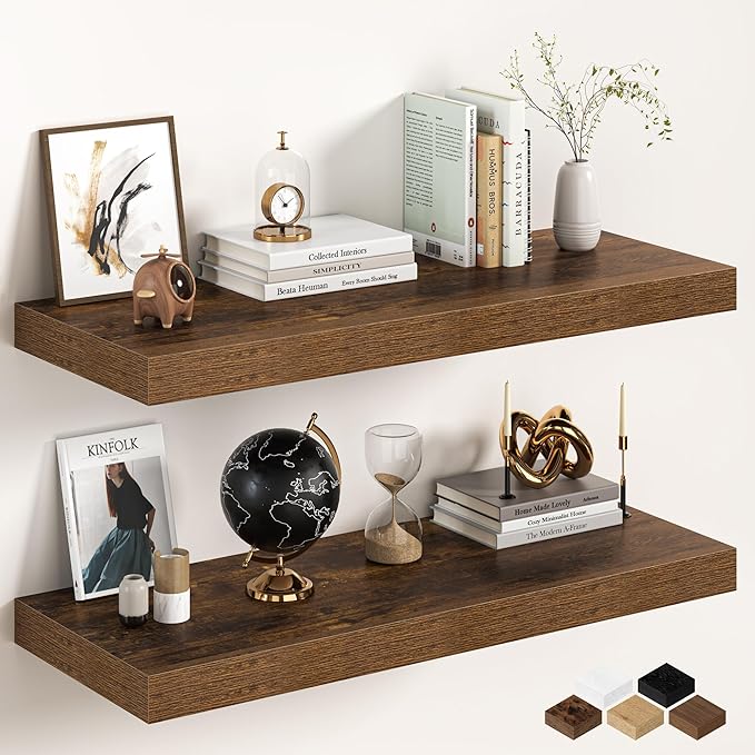36Inch Floating Shelves for Wall, 12 Inch Deep Shelves for Bedroom, Kitchen, Bathroom Wall Mounted, Rustic Wood Floating Shelf with Invisible Brackets for Books, Storage, Decor, Rustic Brown, 2 Packs