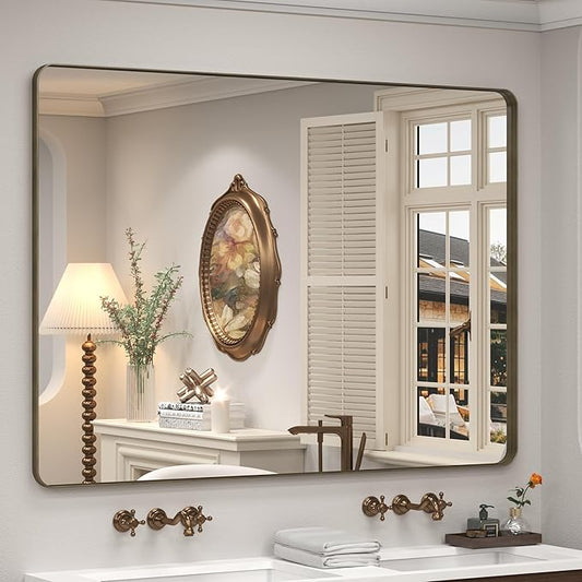 55x40 Inch Bronze Bathroom Mirror, Brushed Bronze Metal Frame Mirrors for Wall, Rounded Rectangle Bronze Mirror for Vanity,Farmhouse, Bedroom, Anti-Rust (Horizontal/Vertical)