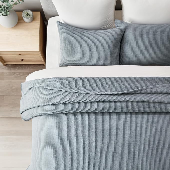 EVERGRACEHOME Cotton Gauze Full Queen Bedspread, Ultra Soft Prewashed Pick Stitch Matelassé Coverlet, Lightweight Oversized Queen Quilt Bedding Set for All Season, w/ 2 Shams, Dusty Blue