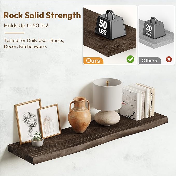 Vivelove Live Edge Floating Shelves Set of 2, Solid Elm Wood Wall Display Shelf with Invisible Bracket for Living Room Bedroom Bathroom Office, Rustic Farmhouse, 36 inch - Dark Walnut