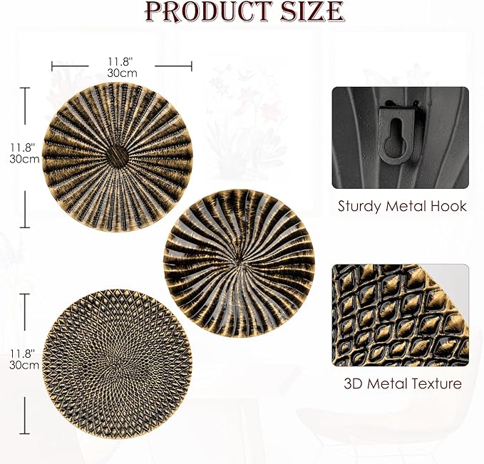 Briful 12" Wall Décor Pack of 3 Metal Gold & Black Washed Starbursts Radial Plate Wall Art Modern Accent Hanging Wall Decorations For Home Office Bedroom Or Living Room Wall Sculptures